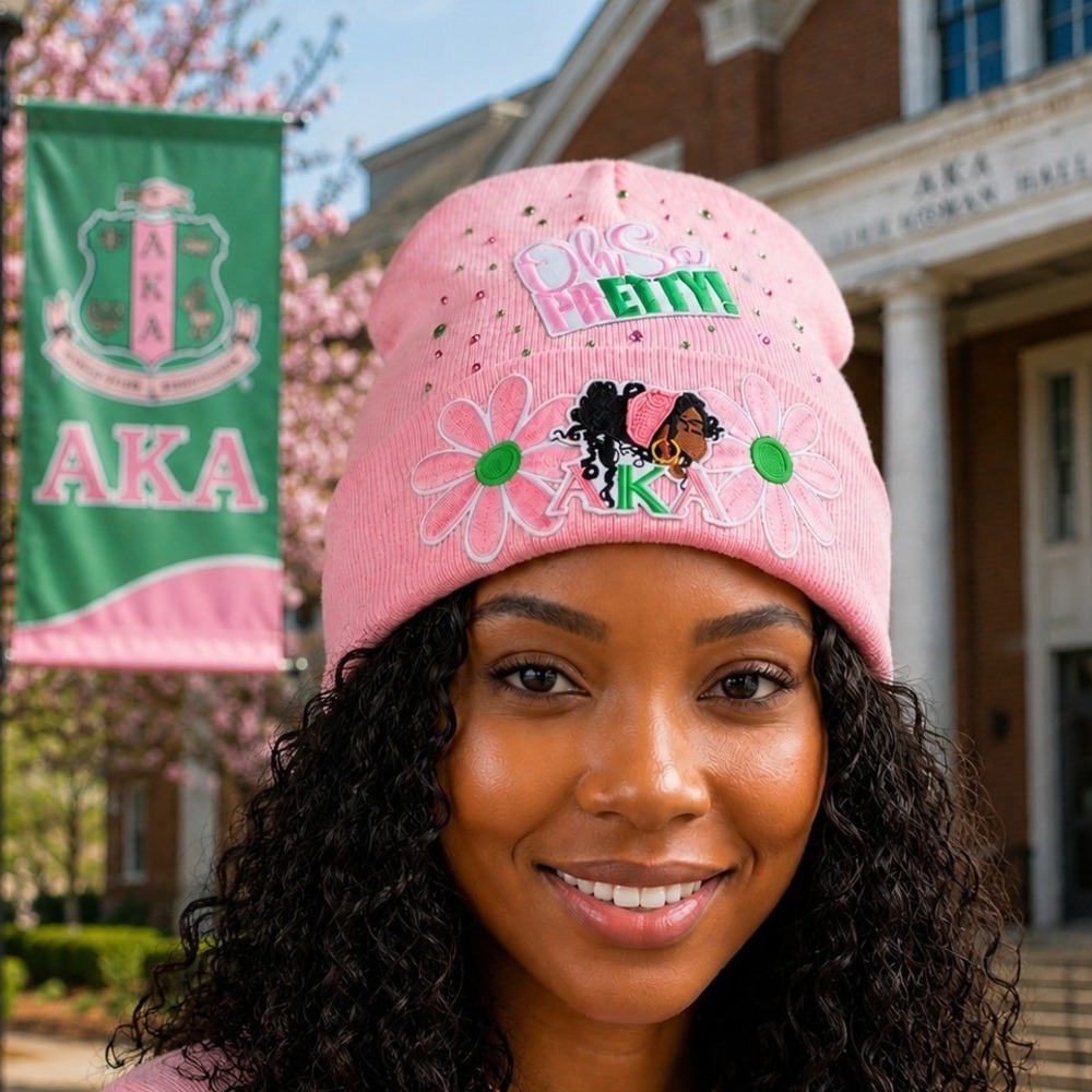 Alpha Kappa Alpha AKA Oh So Pretty Pink Rhinestone Embroidered Beanie‎ Hat